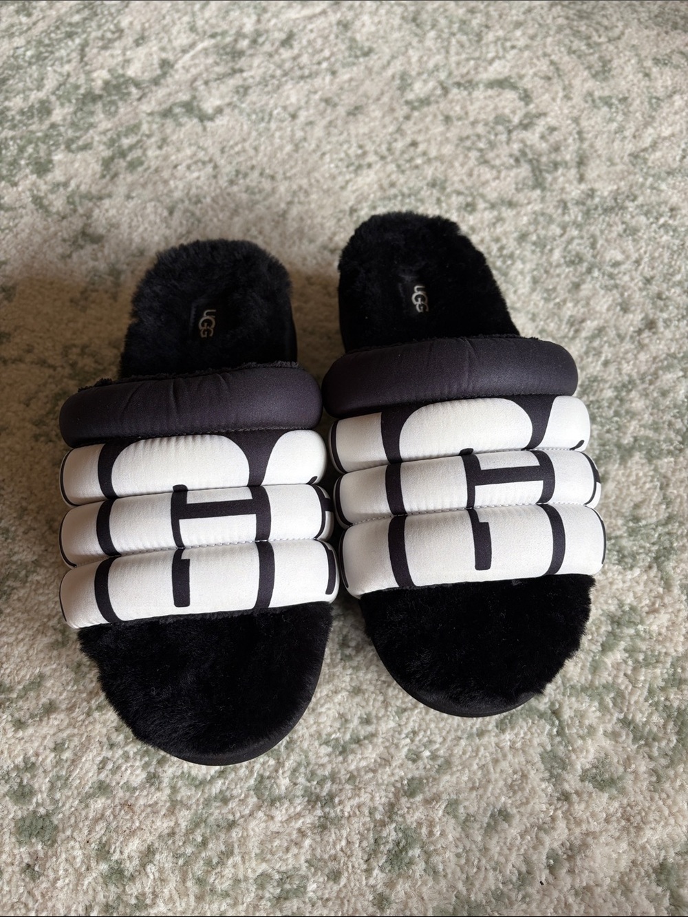 UGG Black and White Quilted Shearling Platform Sandals
